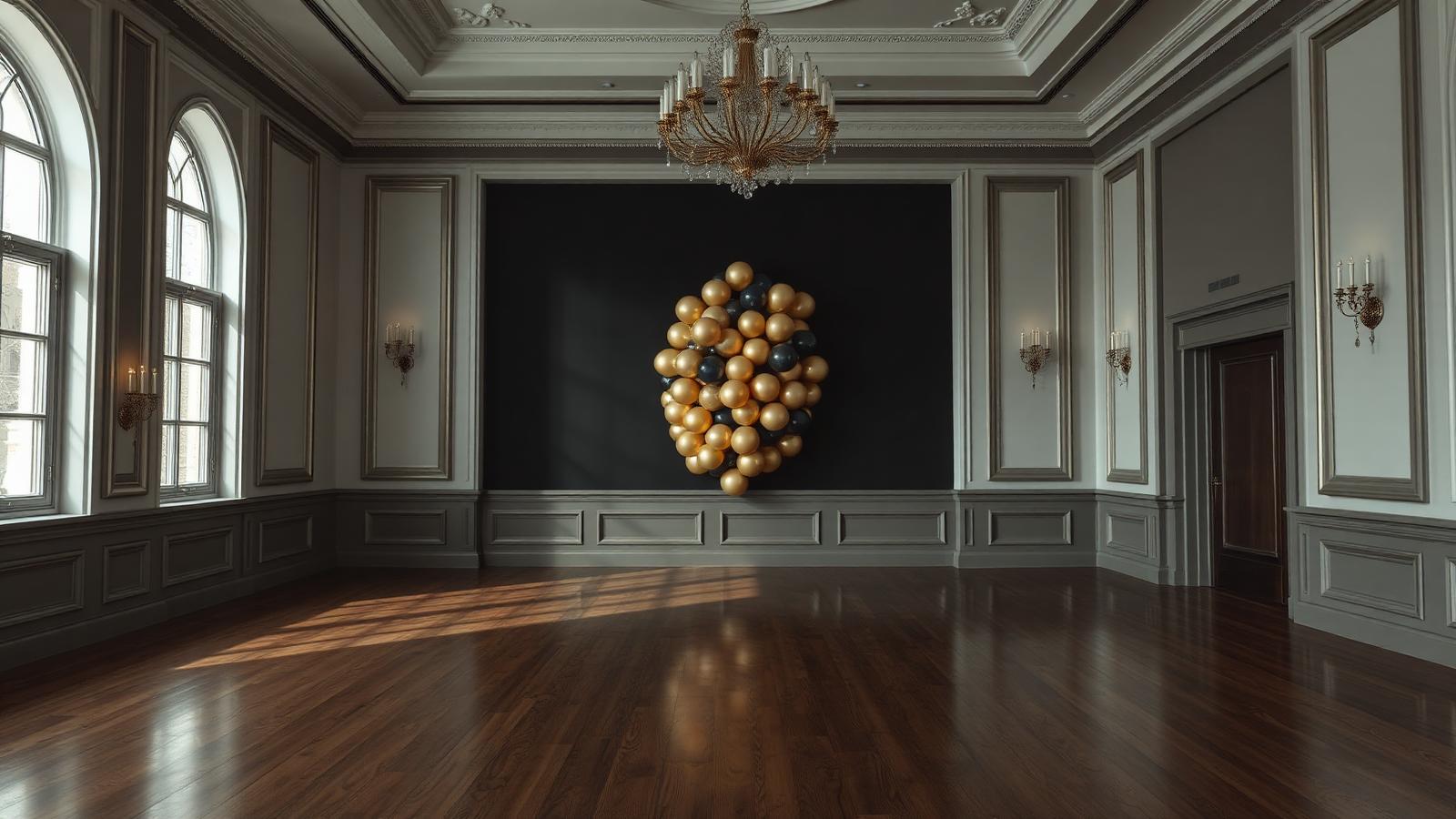 Feestzaal met een gouden ballondecoratie tegen een donkere wand