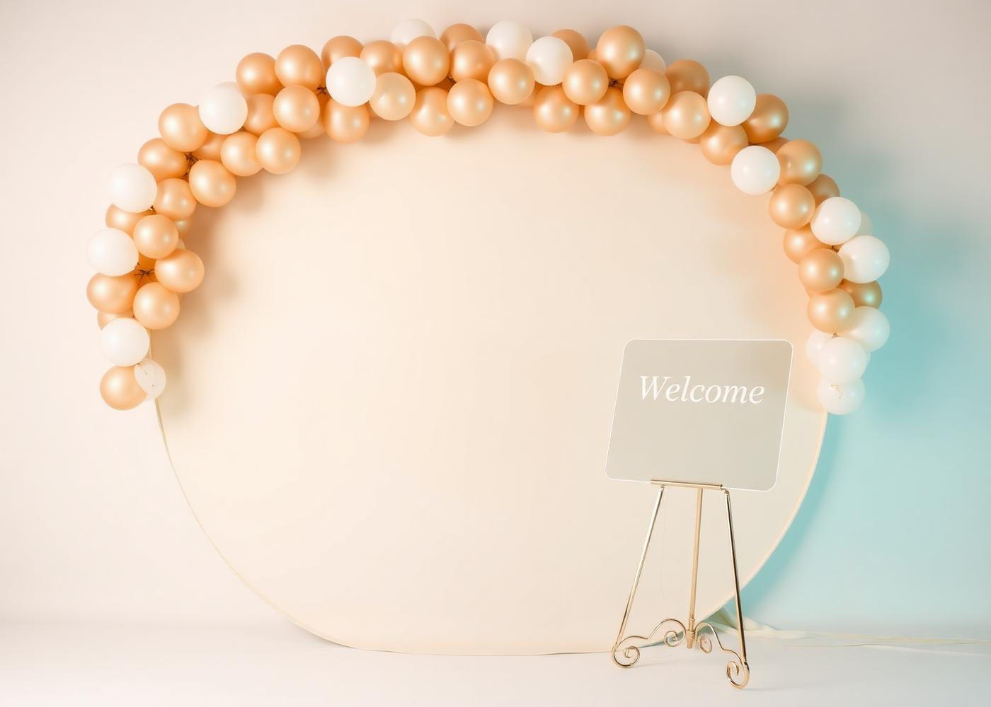 Ronde backdrop met ballonslinger en welkomstbord op standaard