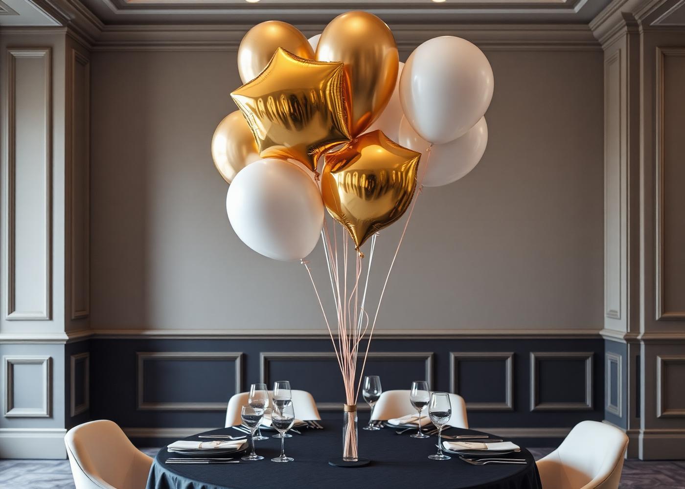 Tros heliumballonnen in goud en wit boven een gedekte tafel