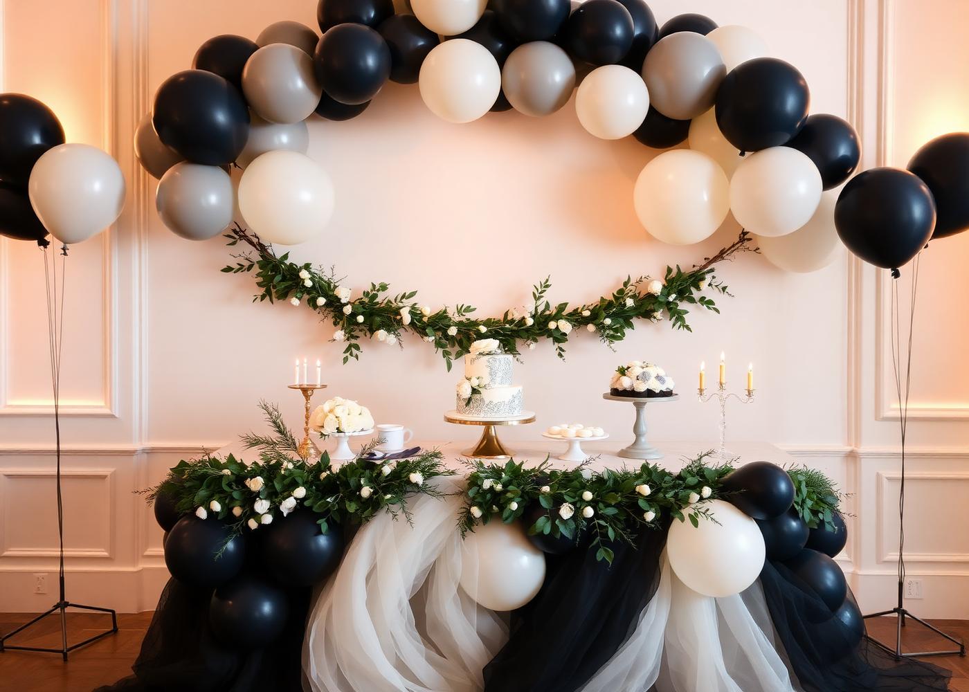 Ballondecoratie op maat in zwart, wit en goud rond een dessertafel