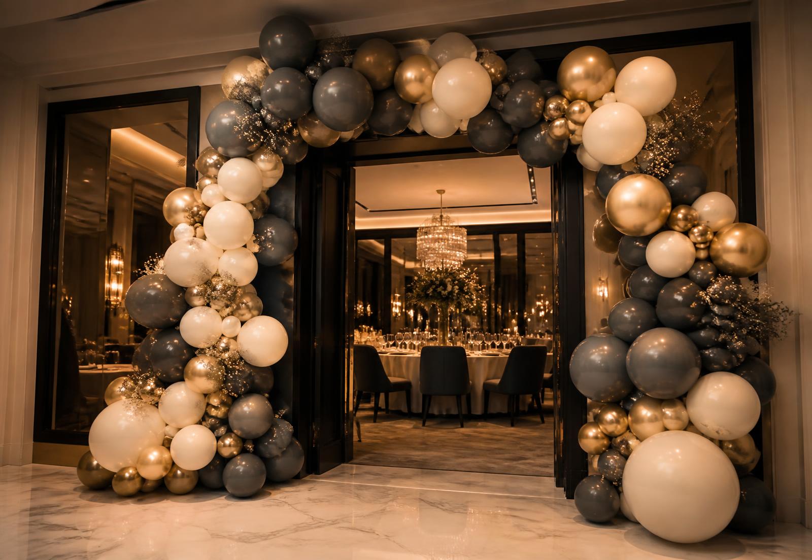Luxe ballonboog in antraciet, wit en goud rond de entree van een feestzaal