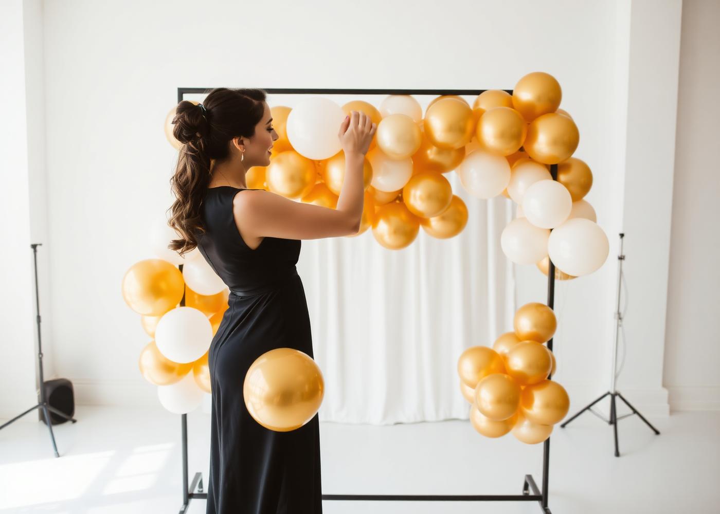 Stylist van Wauw Event Styling bouwt een ballonslinger op een frame