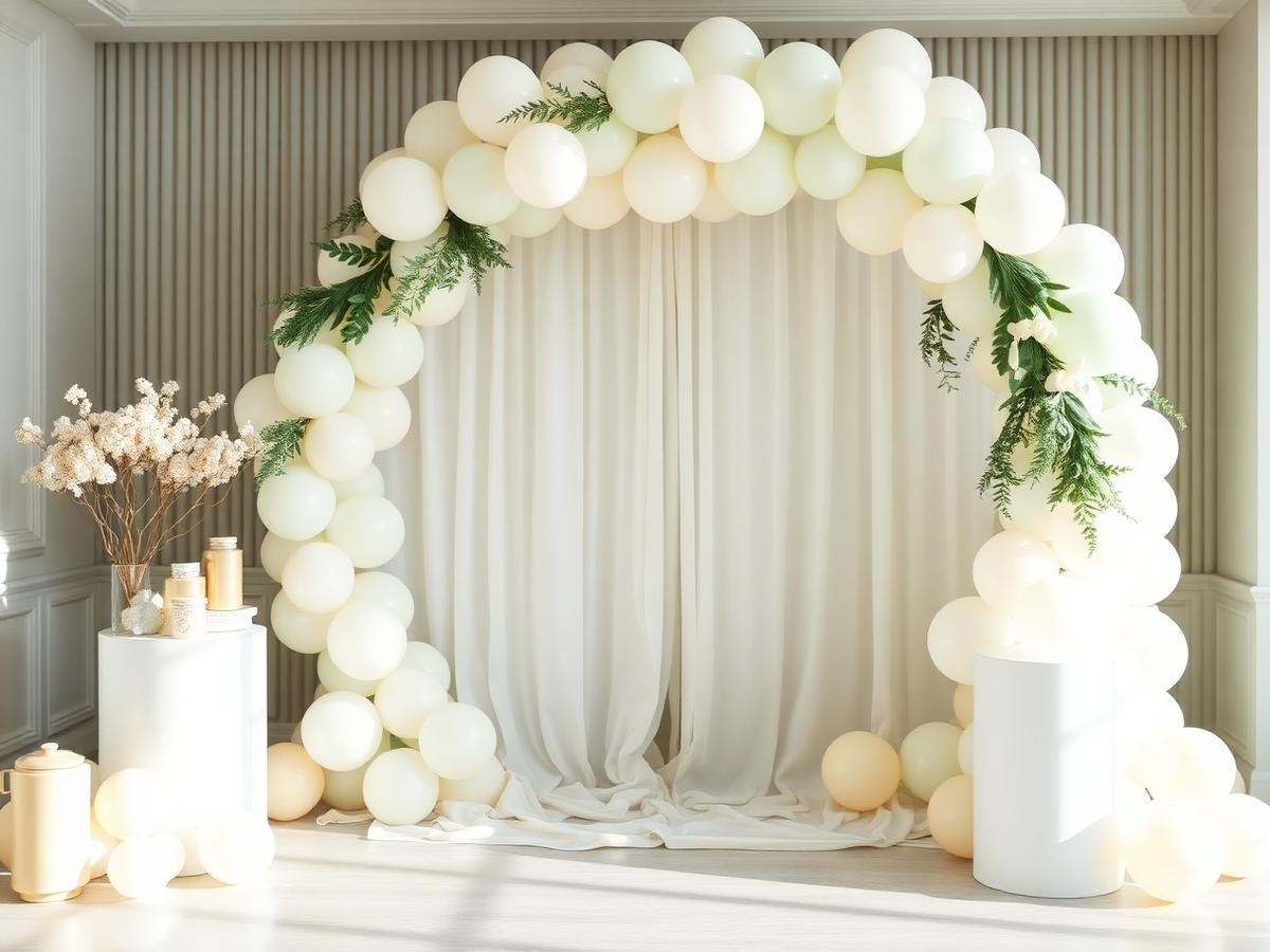 Ronde backdrop met ivoorwitte ballonslinger en groen voor een babyshower