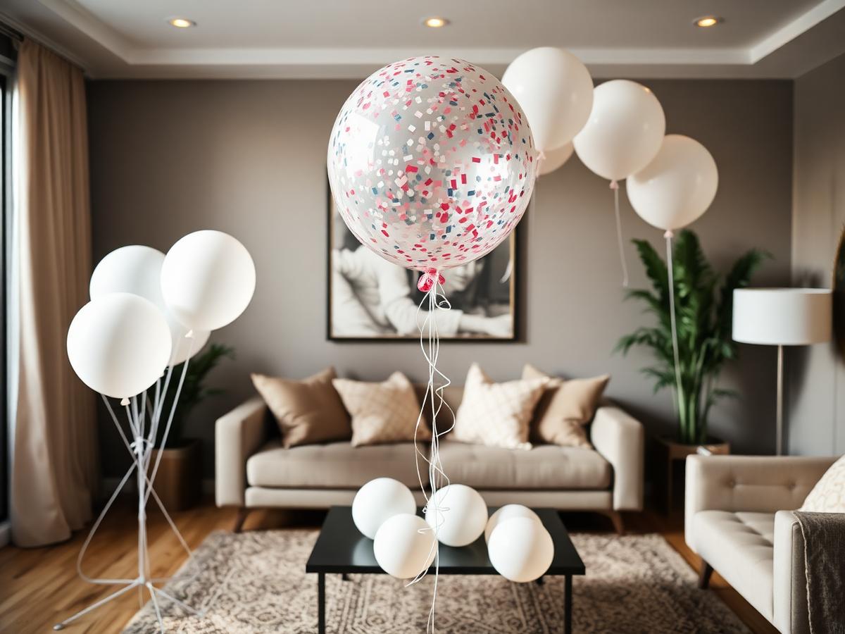 Confettiballon en witte ballonnen in een woonkamer voor een gender reveal
