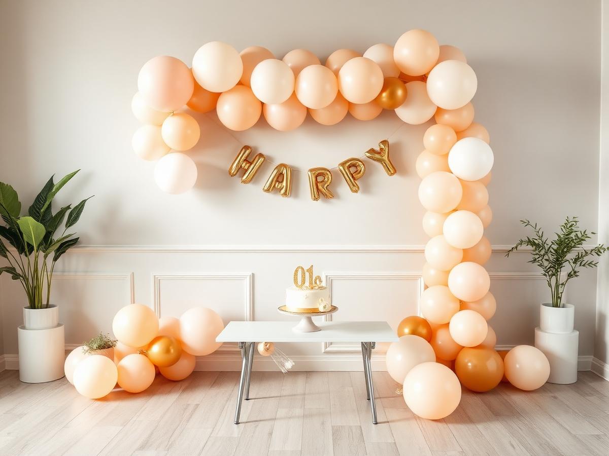 Perzik met gouden ballonslinger rond een taarttafel