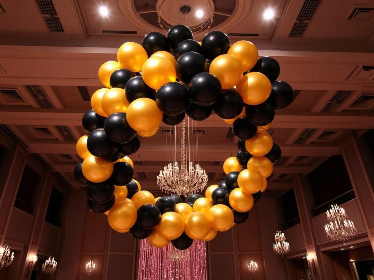 Grote hangende ballonring in goud en zwart in een gala-zaal